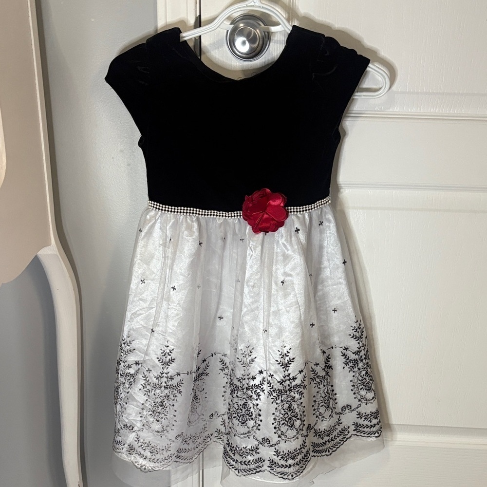 Jona Michelle Black Velvet and White Lace Dress with Red Flower